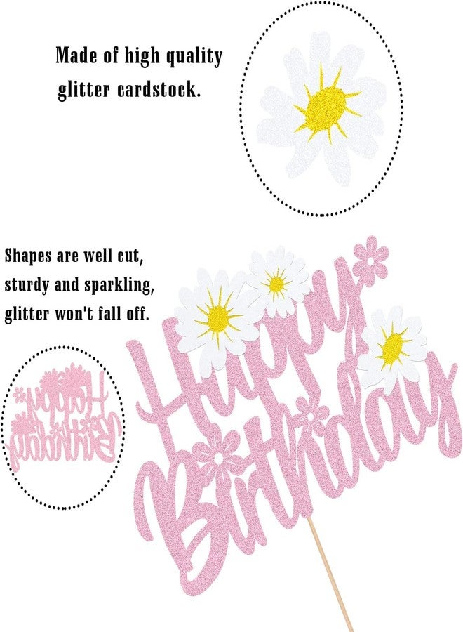 كونفيتي زينة كعكة عيد ميلاد مزينة بزهرة الأقحوان الوردية المتلألئة - زهور أقحوان بيضاء لامعة - لوازم حفلات عيد ميلاد صيفية - زينة حفلات أعياد ميلاد الأطفال - Image 2